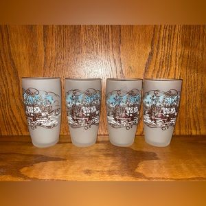 (4) Currier Ives Hazel Atlas Frosted Christmas Winter Glasses Signed